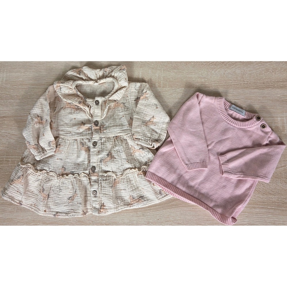 Quincy Mae Unicorn Organic Cotton Gauze Dress + Saranoni Pink Sweater 3-6M